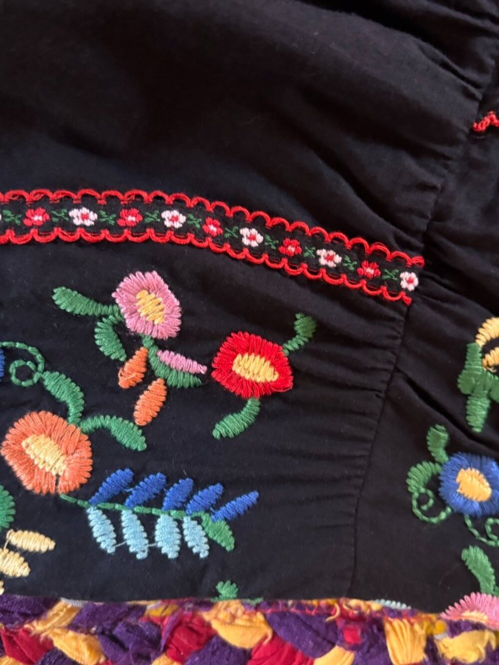 Black Boho Embroidered Sundress • Colorful Floral Embroidery • Spaghetti Strap - Picture 4 of 7